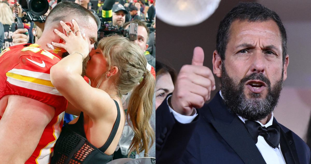 Foto de Taylor Swift y Travis Kelce y una imagen de Adam Sandler