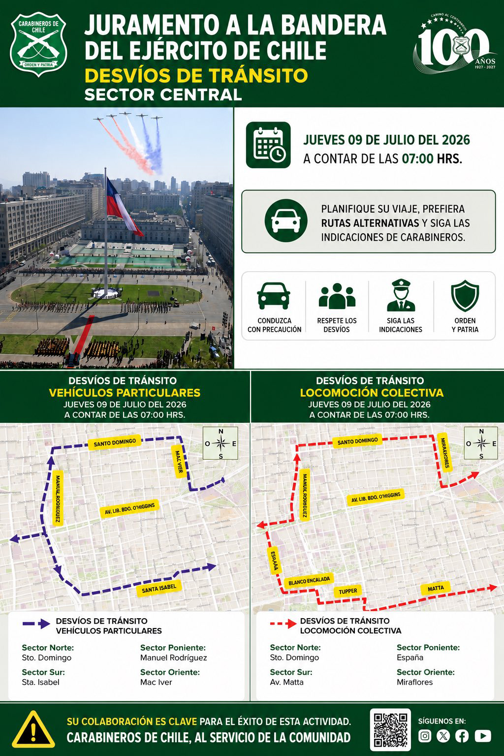Por Juramento a la Bandera: anuncian desvíos de tránsito en la Alameda para este jueves