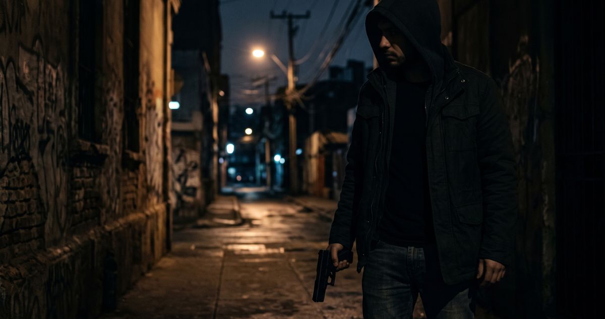 Persona con pistola en la penumbre