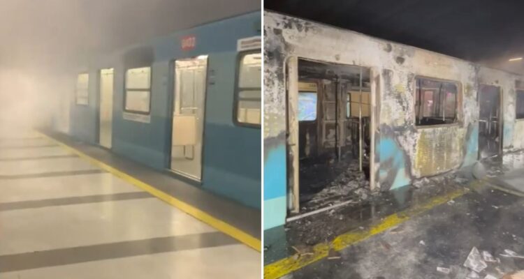 VIDEO | Así quedó el tren incendiado en la estación Santa Isabel del Metro de Santiago