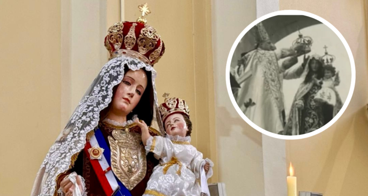 Imagen de la Virgen del Carmen de la Parroquia San Agustín de Concepción. Y foto de archivo de la coronación de la Virgen del Carmen como Madre y Reina de Chile.