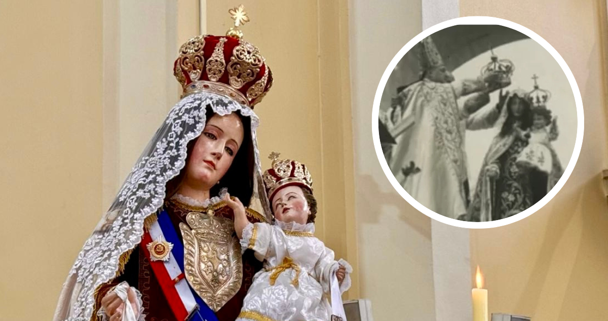 Imagen de la Virgen del Carmen de la Parroquia San Agustín de Concepción. Y foto de archivo de la coronación de la Virgen del Carmen como Madre y Reina de Chile.
