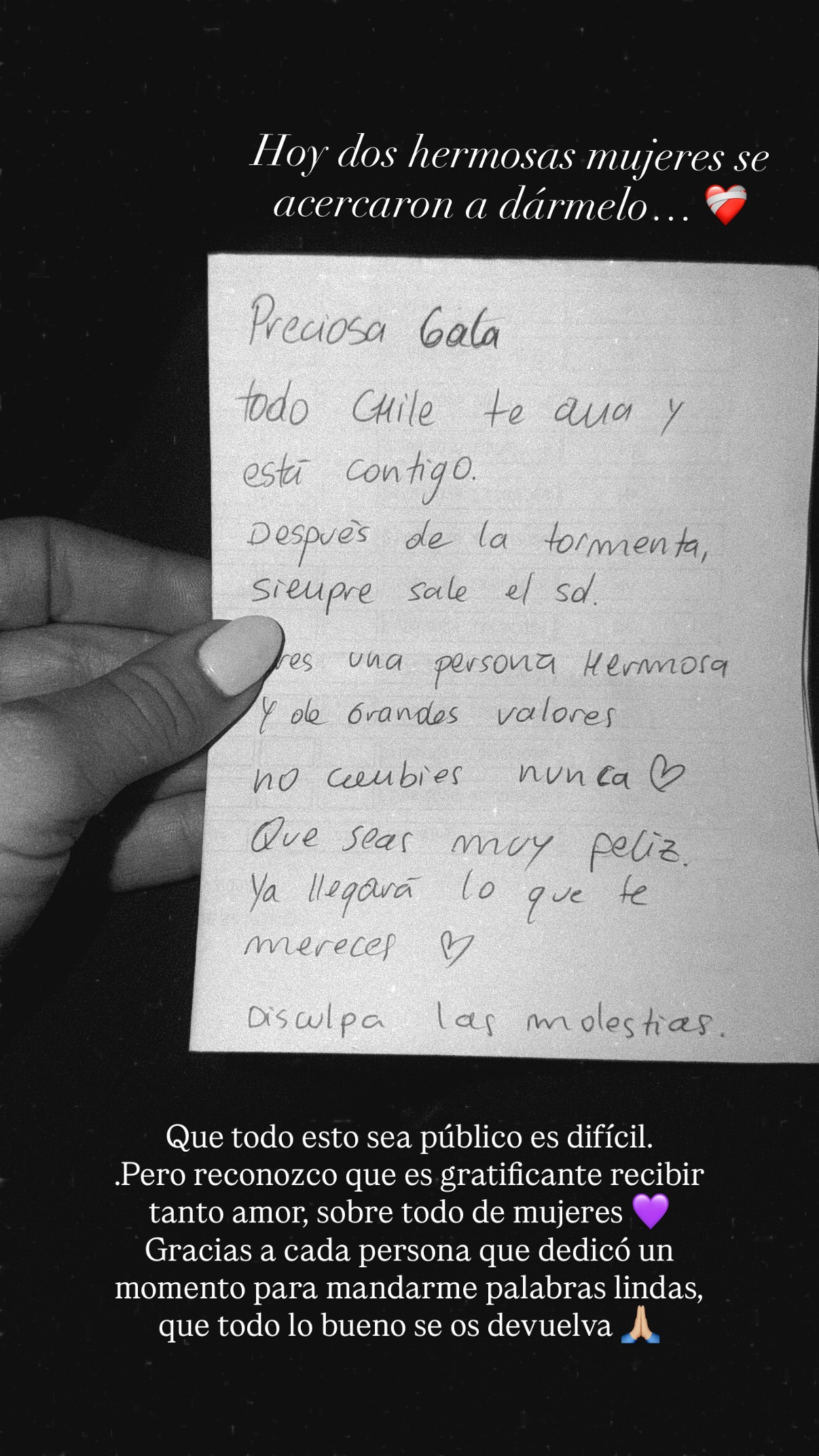 "Todo Chile te ama y está contigo": Gala comparte mensaje espontáneo y escrito a mano de seguidoras