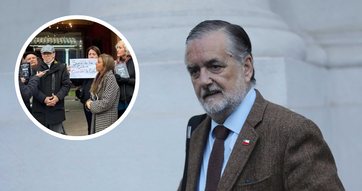 Ministro de las Culturas, Francisco Undurraga. Y foto de protesta que acusa censura de presentación de libro del escritor Gabriel Rodríguez.