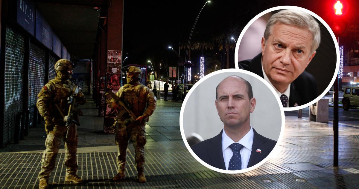Ministro Arrau, Presidente Kast. Y foto de fondo de militares durante toque de queda.