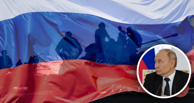 Tanques, bandera de Rusia y foto de Vladimir Putin.
