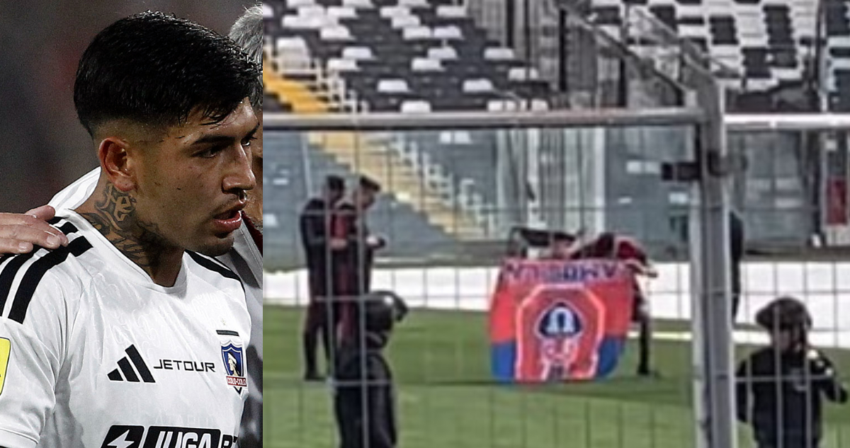 Diego Ulloa de Colo Colo con lienzo de La U en Arengazo