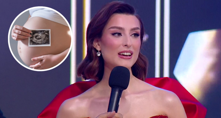 Mujer embarazada con foto de ecografía y Dominga López, Miss Universo Chile 2026
