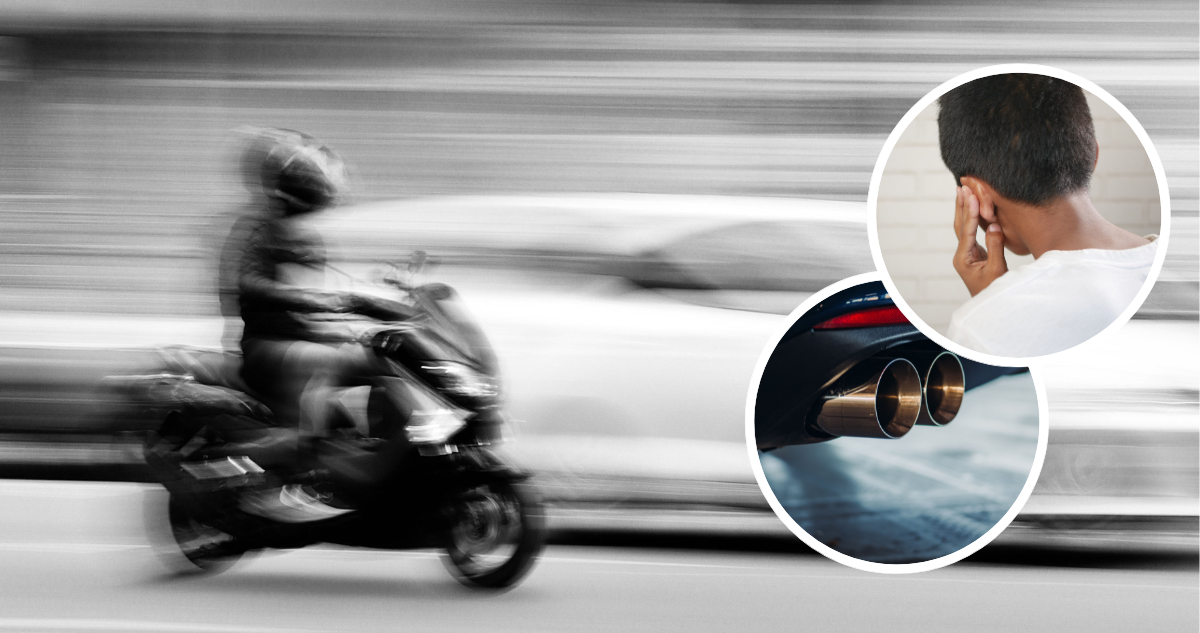 Vehículo y moto, persona tapándose los oídos, tubo de escape modificado.