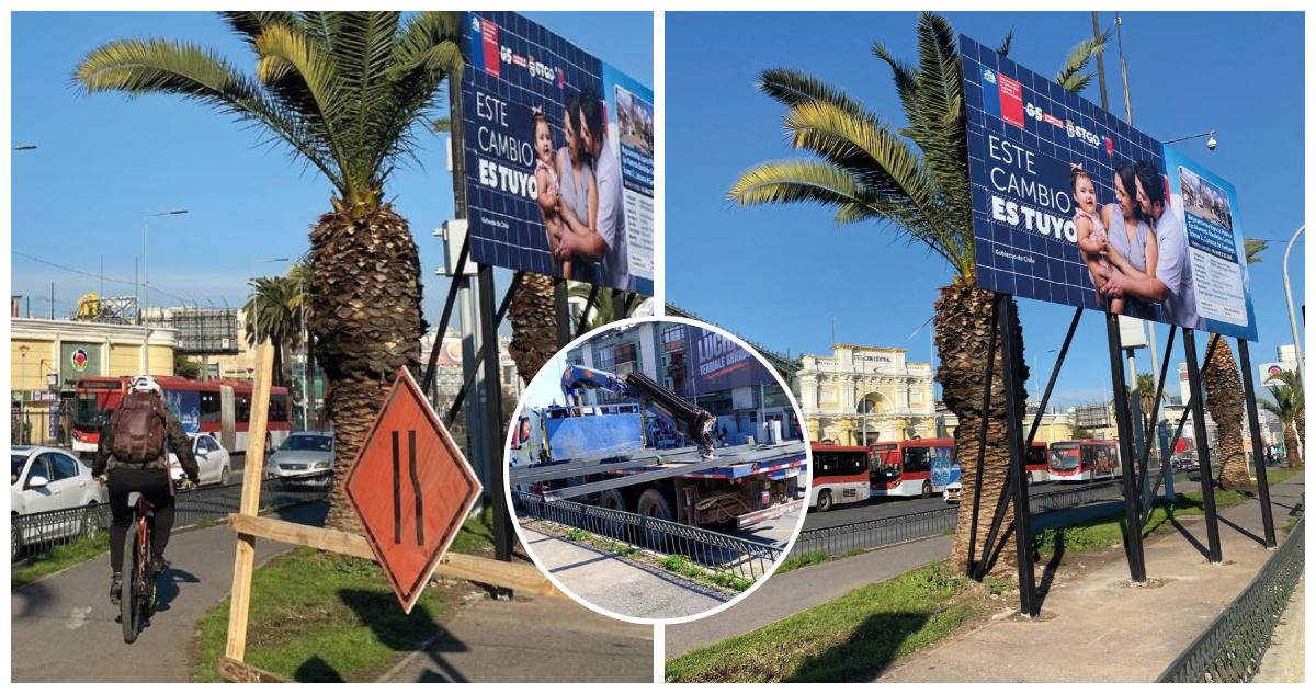 Gobierno de Santiago acusa al Serviu RM de instalar letrero gigante en medio de ciclovía en la Alameda