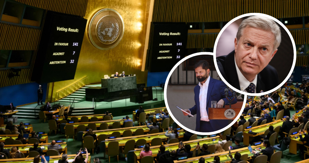 Kast, Boric y foto de contexto de la ONU.