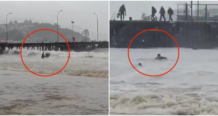 Jóvenes surfeando en sistema frontal