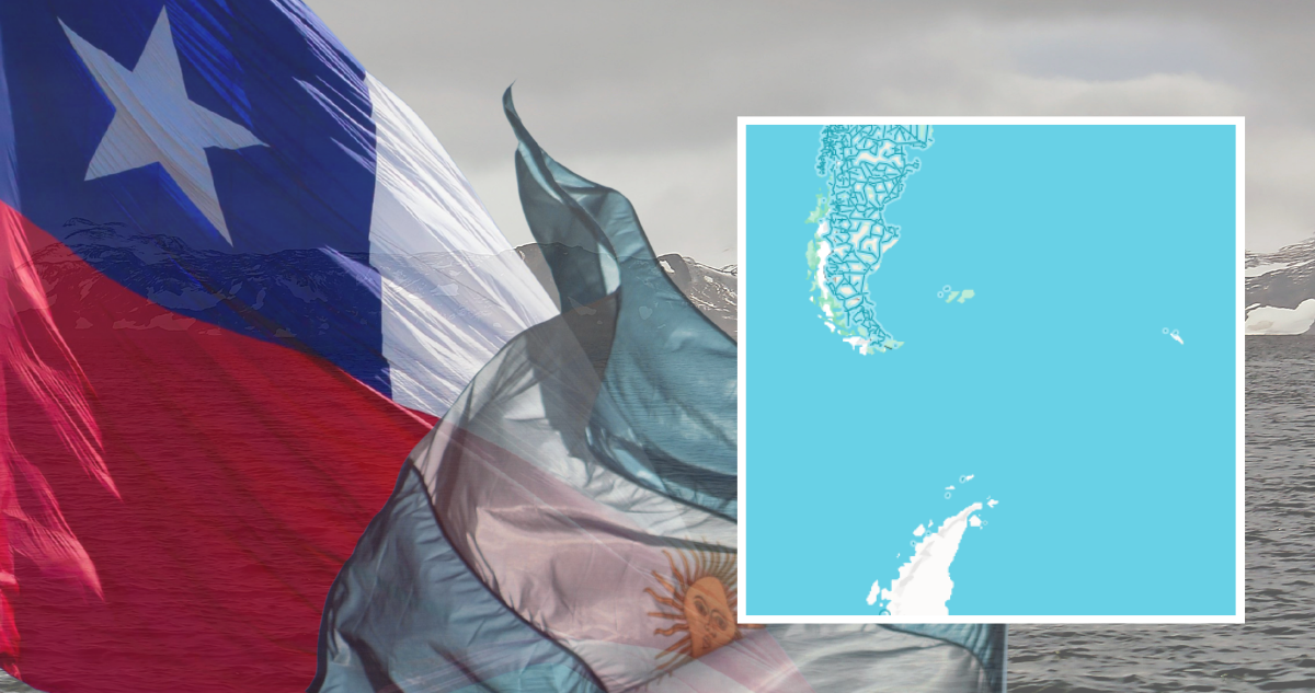 Bandera de Chile, bandera de Argentina, mapa y Mar Austral.
