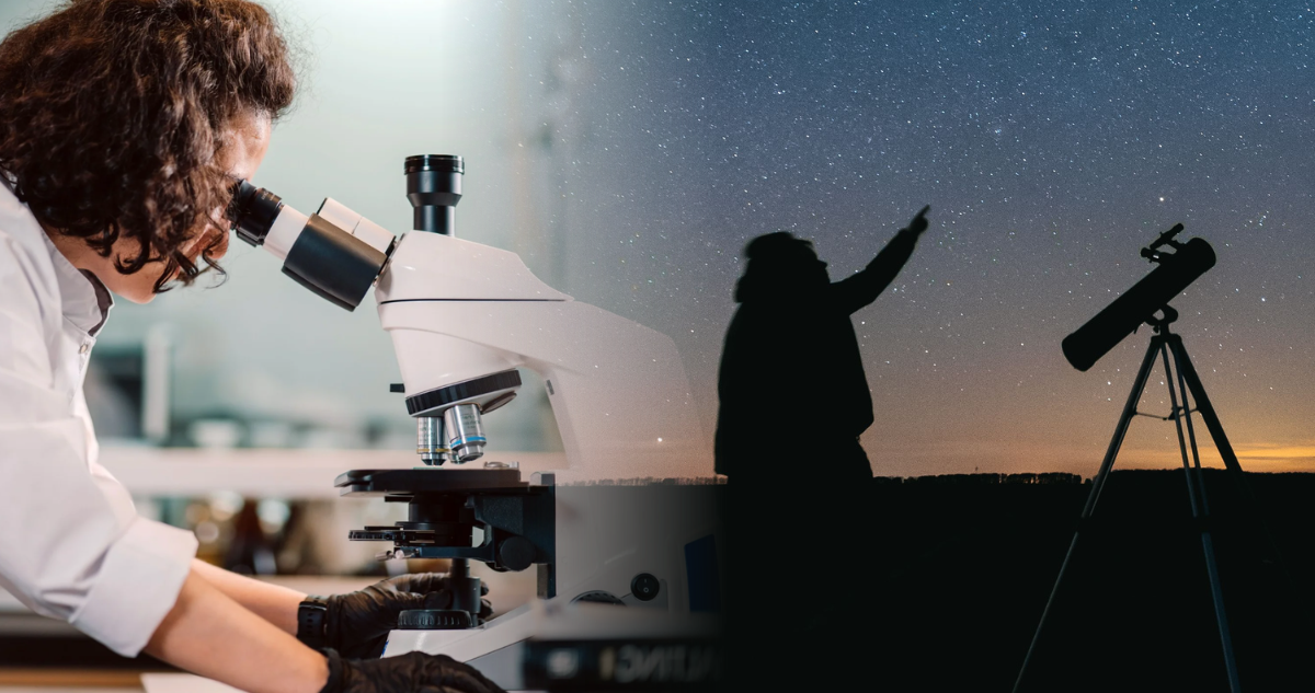 Personas utilizando un microscopio y un telescopio