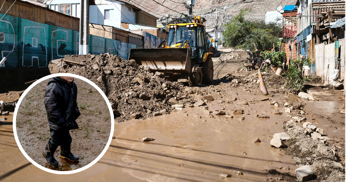 Aluvión en el norte del país. Y foto de contexto de niño caminando en el barro.