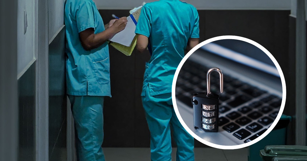 Personal del sistema de salud intercambiando información. Foto de contexto de teclado y candado para temática de protección de datos.