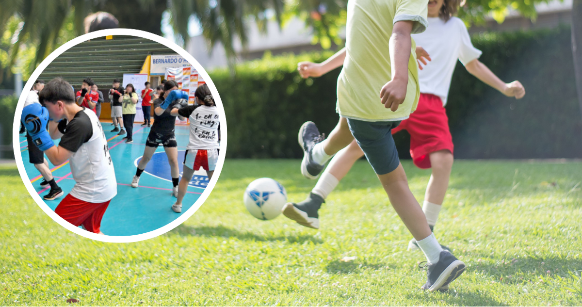 Foto de contexto de niños jugando fútbol y foto de niños del proyecto “Impulsando Campeones” practicando deporte.