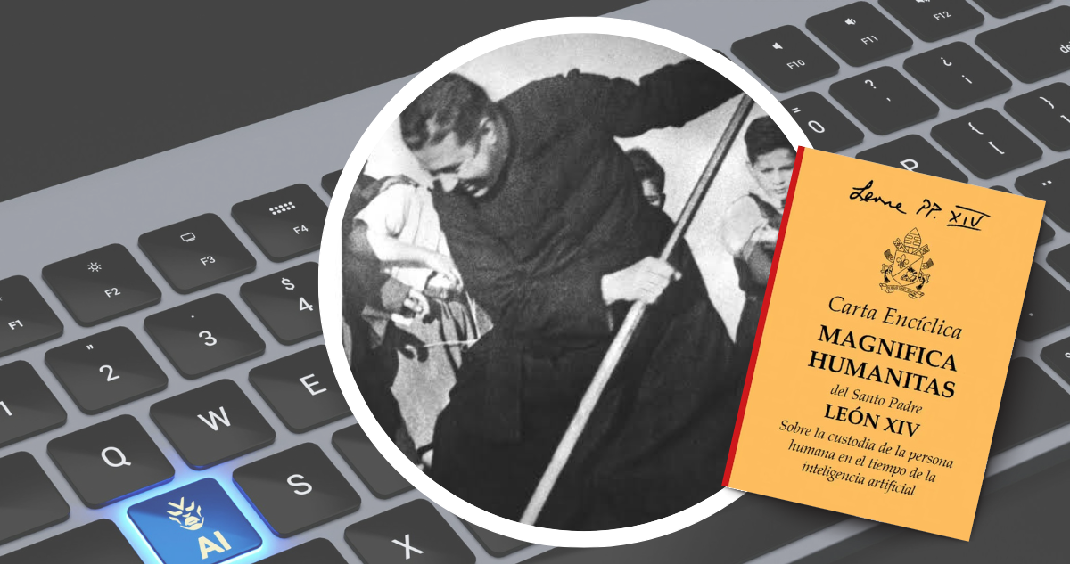 Padre HUrtado, teclado con tecla de IA destacada y foto de la encíclica Magnifica Humanitas.
