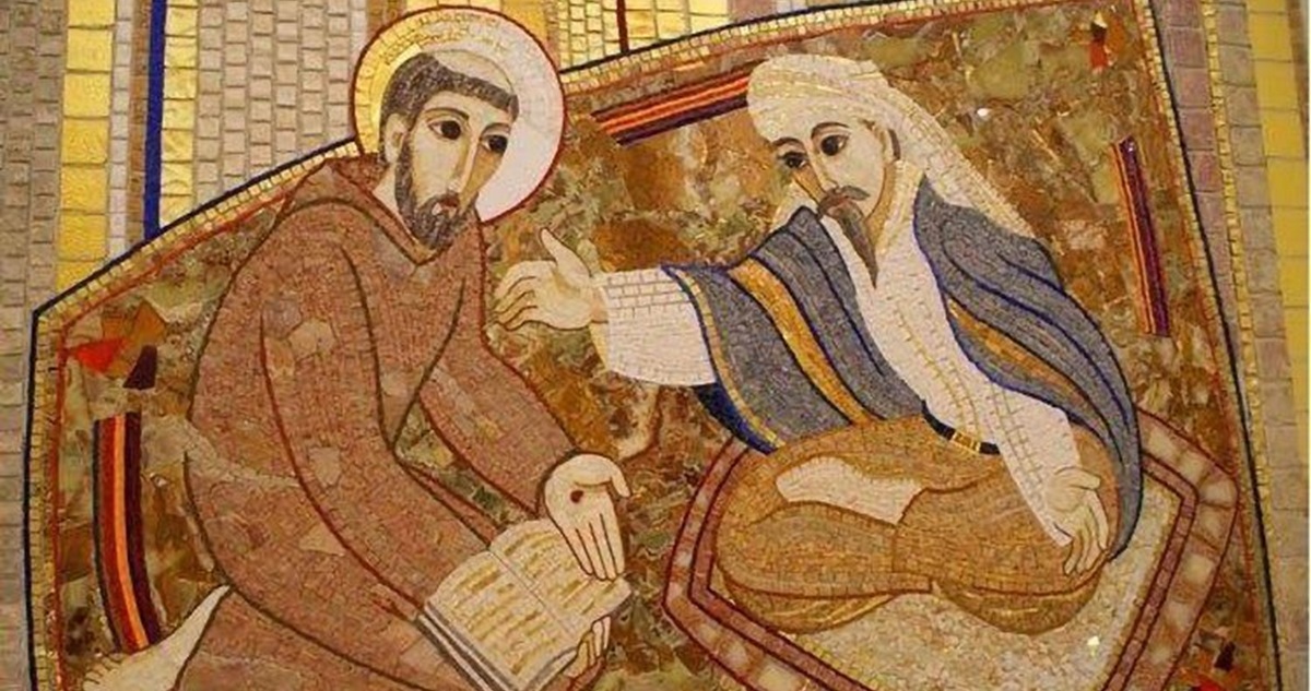 San Francisco con el sultán, mosaico de Marko Rupnik, santuario del P. Pio de San Giovanni Rotondo