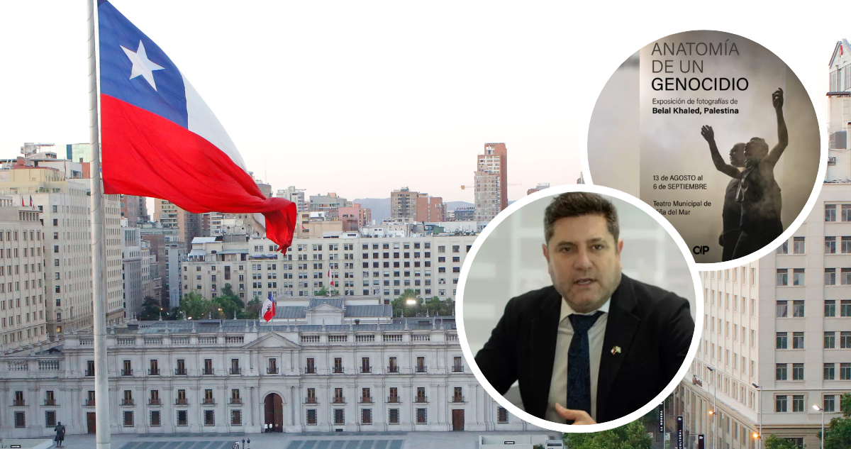 Bandera de Chile y La Moneda. Foto de embajador de Israel y de la exposición “Anatomía de un genocidio”.