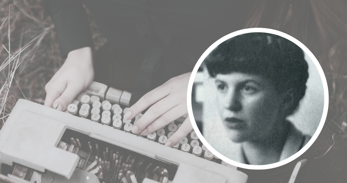 Foto de contexto de máquina de escribir y foto de Sylvia Plath.