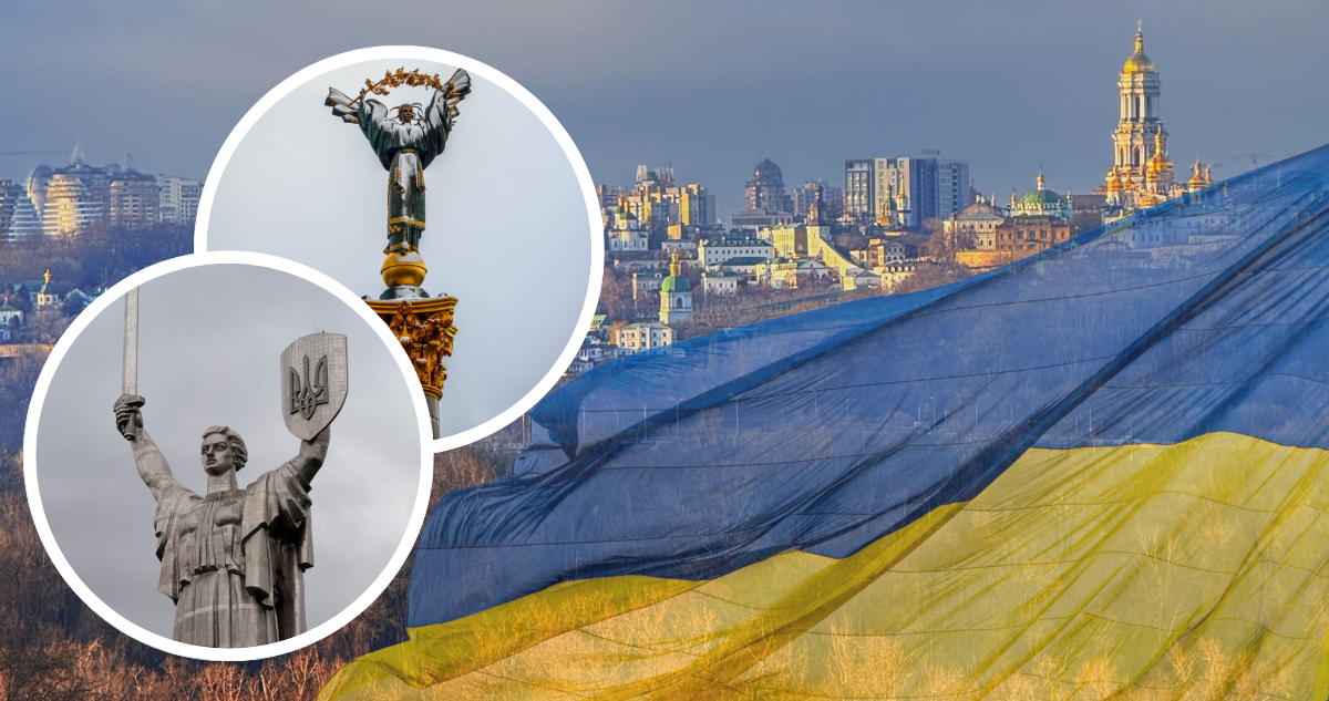Estatua con escudo de Ucrania, Monumento a la Independencia de Ucrania y bandera de Ucrania sobre foto de Kiev.