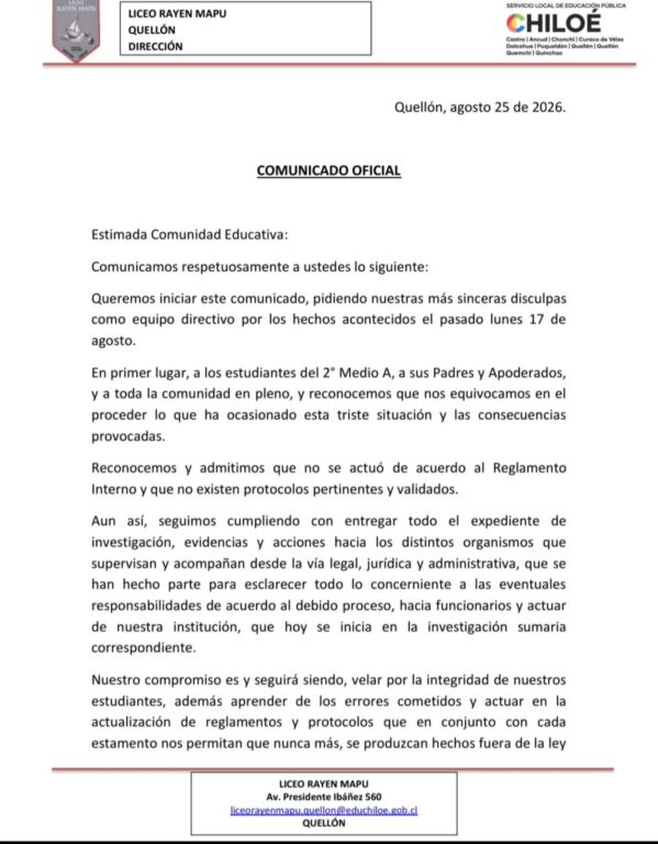 Liceo de Quellón reconoce que no actuó acorde al reglamento en caso que terminó con dos estudiantes que habrían sido obligados a desvestirse por carabineros