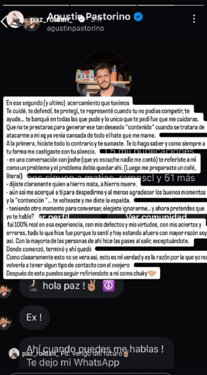 "No volvería a tener contacto": Paz Roldán publica chats con Pastorino y qué pasó tras el reality