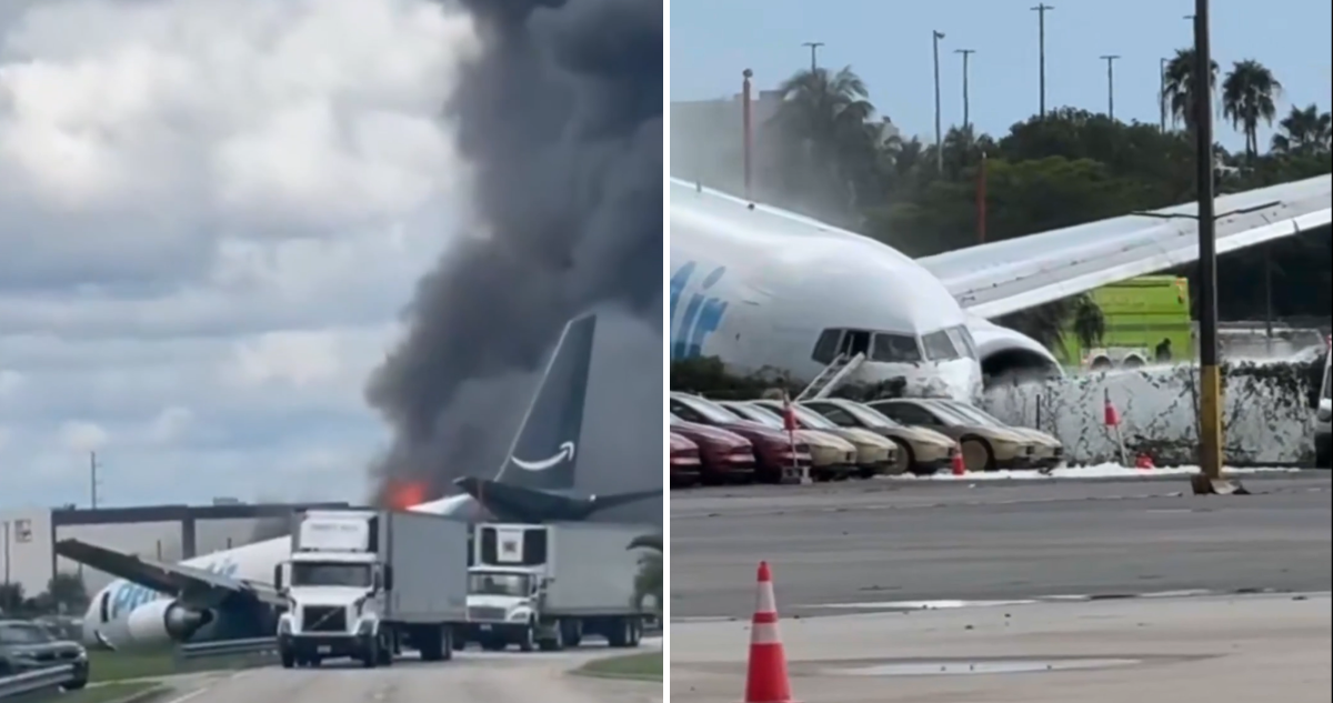 Avión de Amazon protagoniza grave incidente en Miami: se salió de la pista y chocó varios vehículos