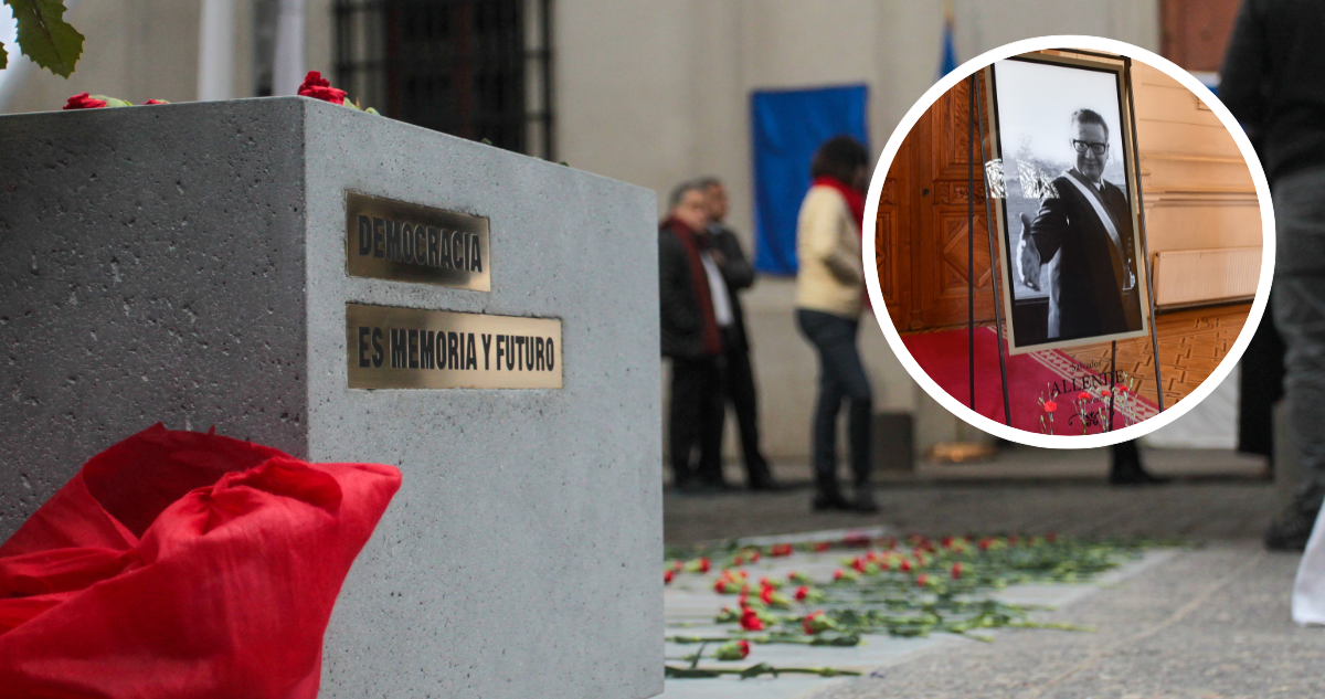 Fotos de archivo de la exposición “El caminar de un demócrata”, organizada por el gobierno de Boric. Y foto de Allende en La Moneda, durante la conmemoración de los 50 años del Golpe Militar.