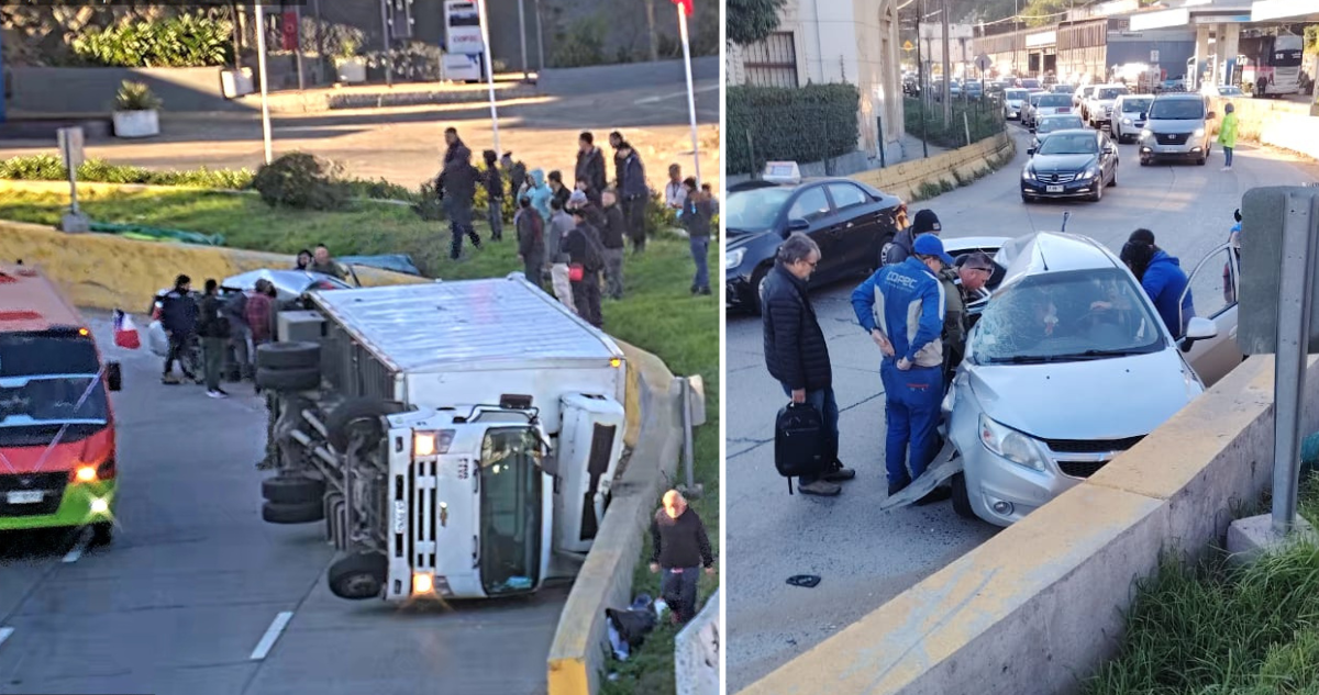 Camión vuelca en avenida Argentina de Valparaíso y aplasta a otro vehículo: conductor fue rescatado