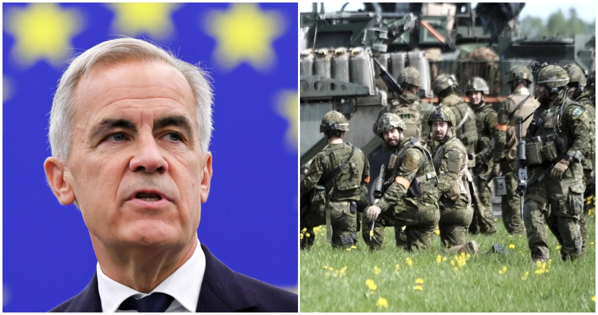 El primer ministro de Canadá, Mark Carney (i) y soldados canadienses en un ejercicio OTAN (d)