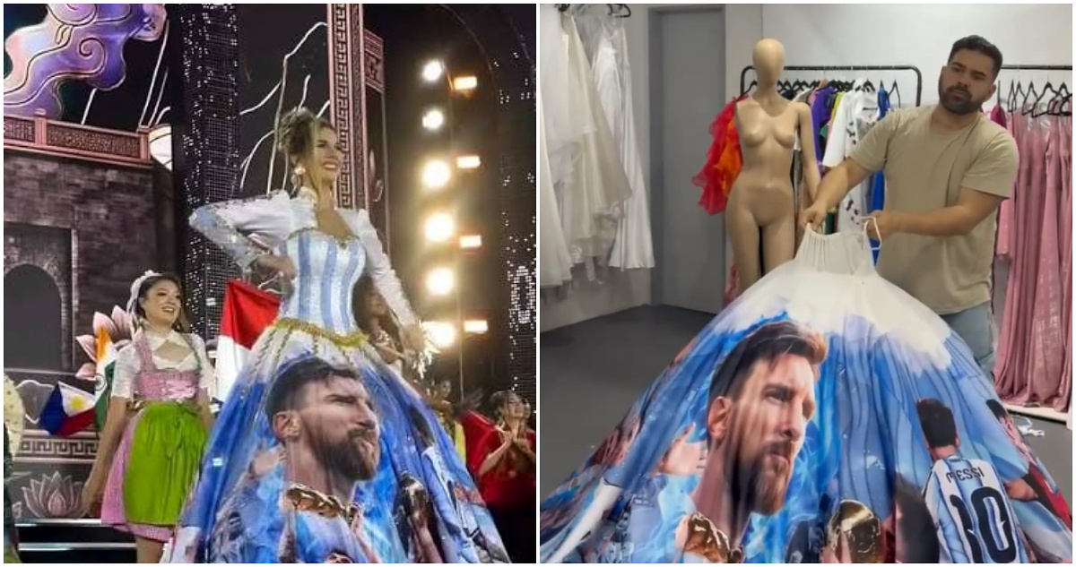 Miss Mundo Argentina luce vestido con caras de Messi