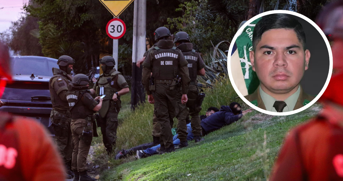 Operativo de Carabineros. Y foto de Cabo 2° Christopher Aguilera, quien murió tras recibir un impacto de bala durante un procedimiento policial en Lo Espejo.