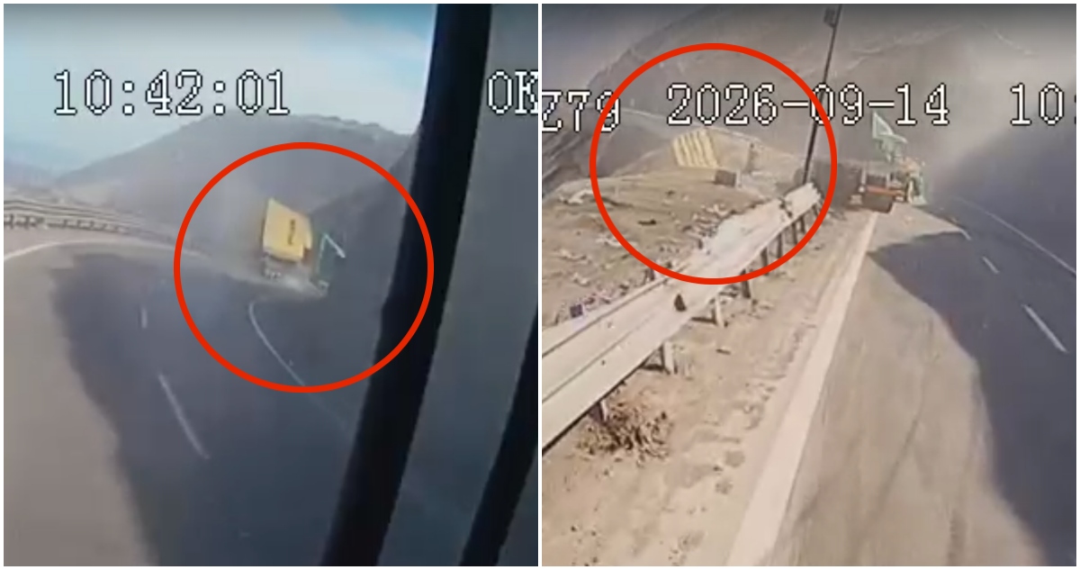 Momento en que contenedor se desprende de camión y cae a ladera de cerro