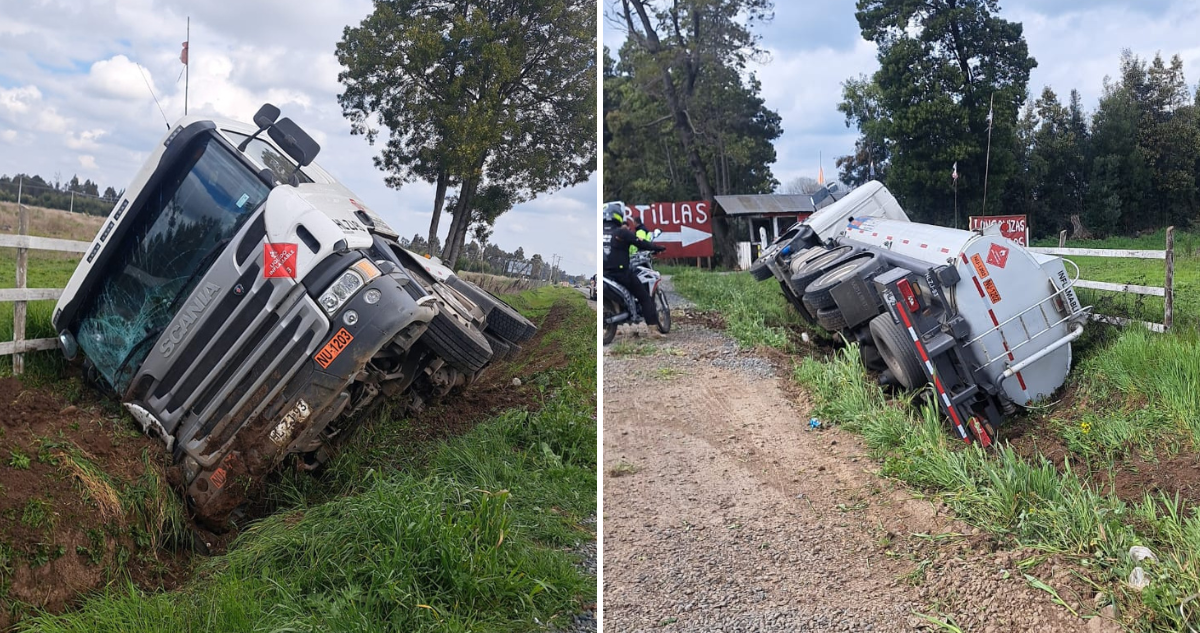 Camión con combustible vuelca en Ruta 5 Sur: tránsito cortado en ambos sentidos en San Carlos
