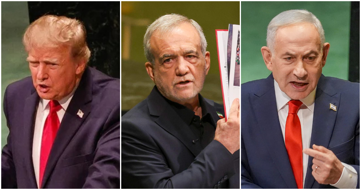Donald Trump (EEUU), Masoud Pezeshkian (Irán) y Benjamin Netanyahu (Israel) exponiendo en la ONU | EFE