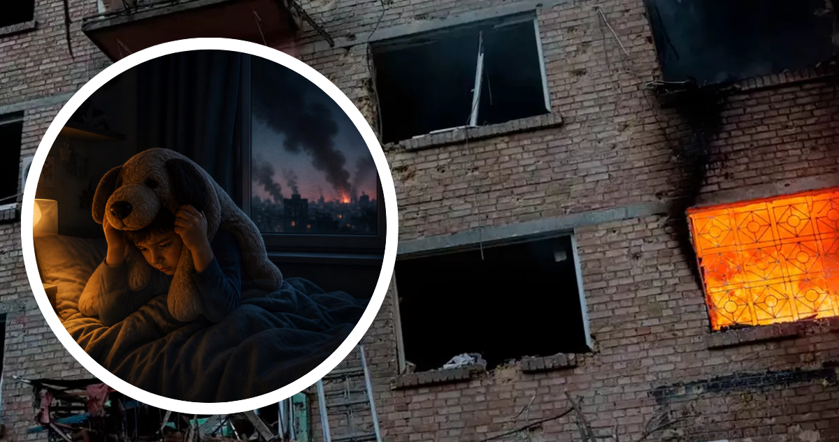 Edificio de Ucrania bombardeado por Rusia. Ilustración de niño ucraniano cubriendo su cabeza con un perro de peluche durante bombardeos nocturnos.