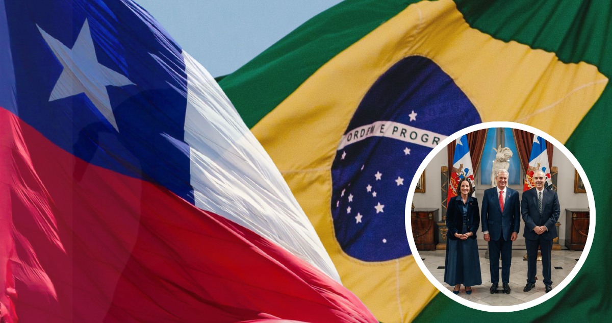 Bandera de Chile, bandera de Brasil y foto de la subsecretaria de Relaciones Económicas Internacionales, Paula Estévez; presidente José Antonio Kast y embajador de Brasil.