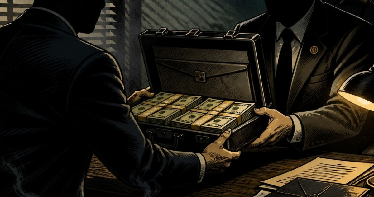 Ilustración de un hombre sobornando a otro con un maletín con dinero.