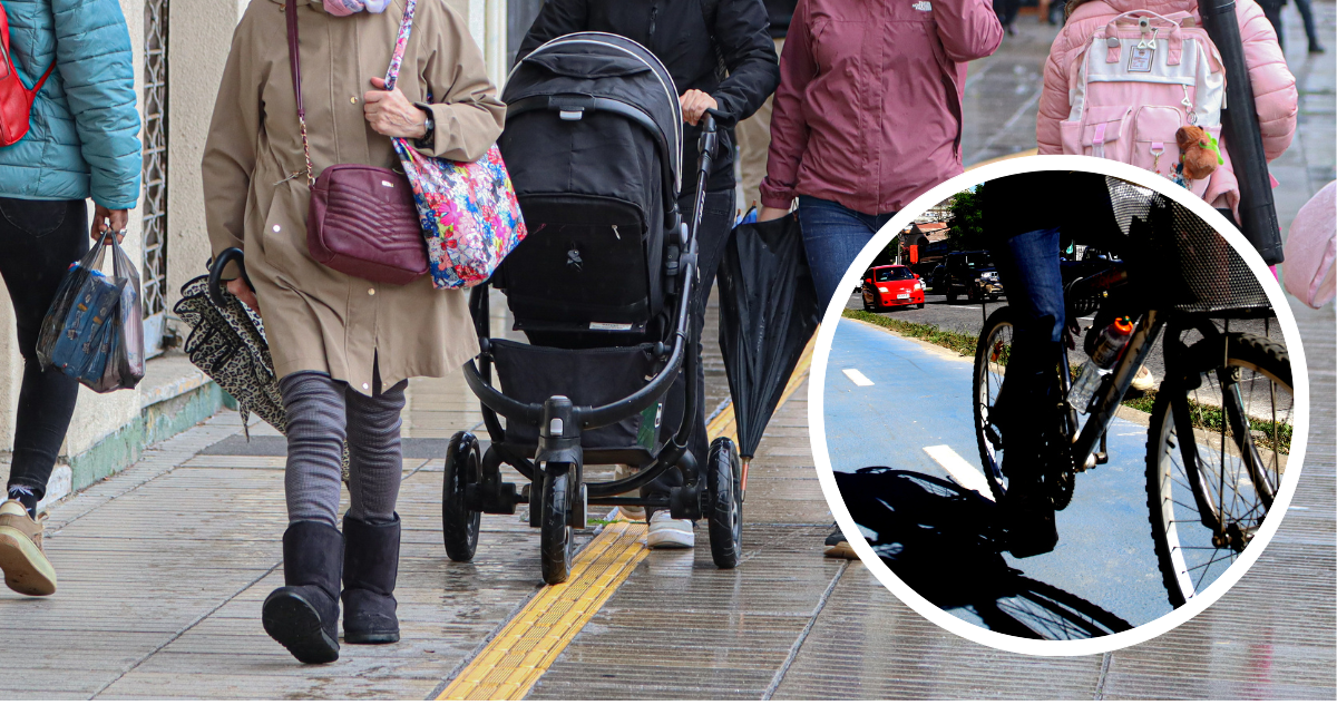 Personas caminando por vereda. Y foto de ciclista en ciclovía de Concepción.