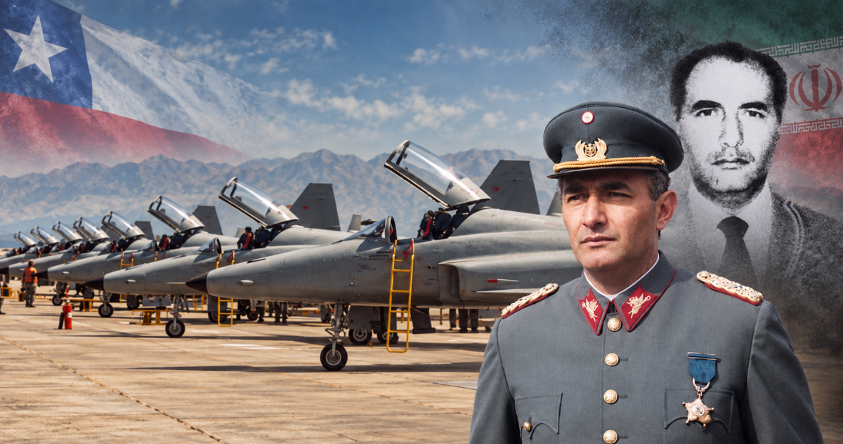 Aviones F-5 con banderas chilenas y de Irán. Carreño a un costado.