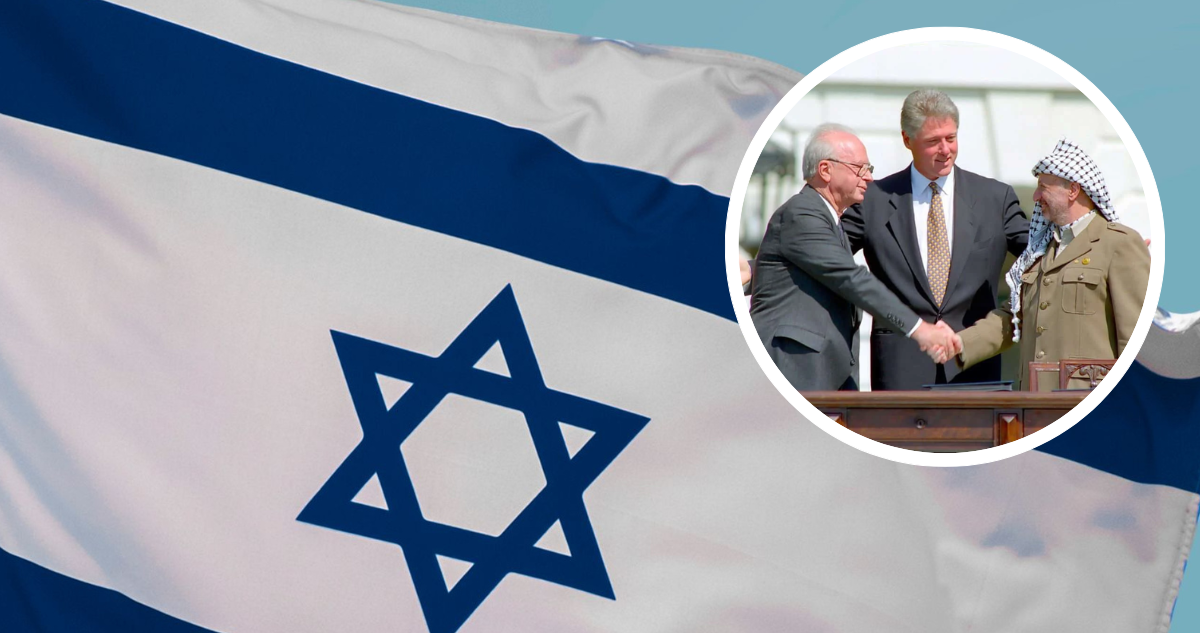 Bandera de Israel y foto de archivo de los Acuerdos de Oslo.