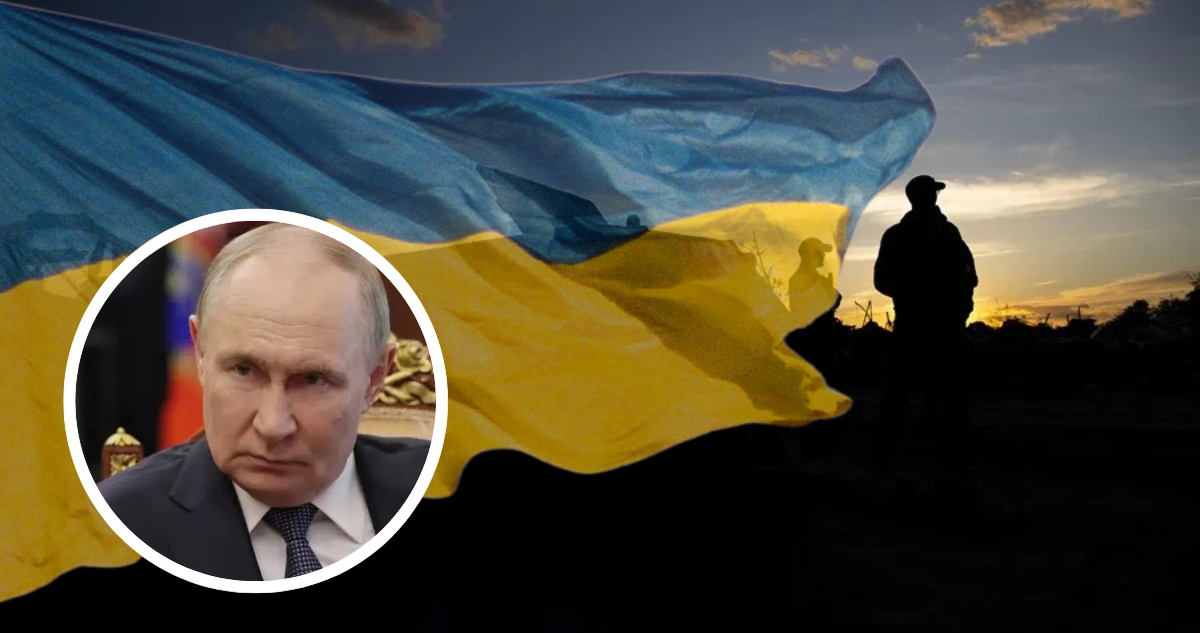 Ucrania, bandera de Ucrania y foto del presidente de Rusia, Vladimir Putin.