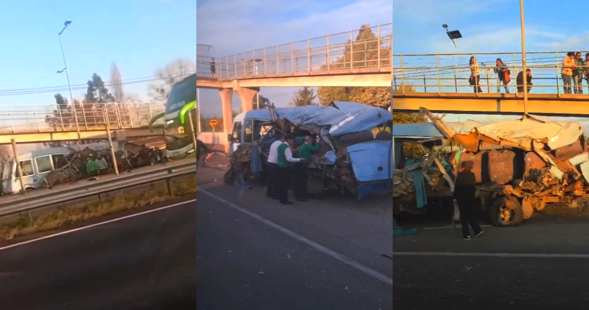 Minibús de pasajeros fue triturado por impacto de camión en Ruta 5 Sur en Teno y deja 3 heridos graves