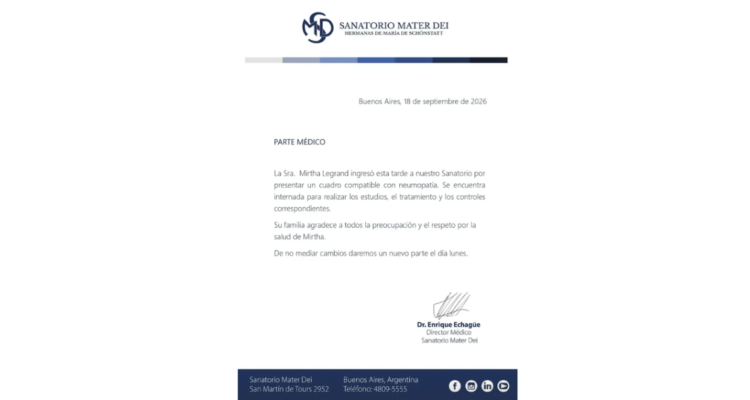 Comunicado sanatorio Mater Dei sobre Mirtha Legrand