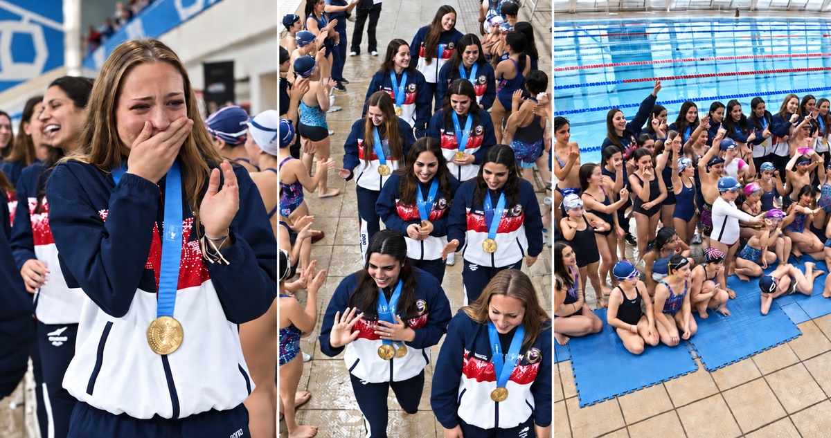 El especial recibimiento con pasillo de honor a las campeonas del nado sincronizado en Odesur