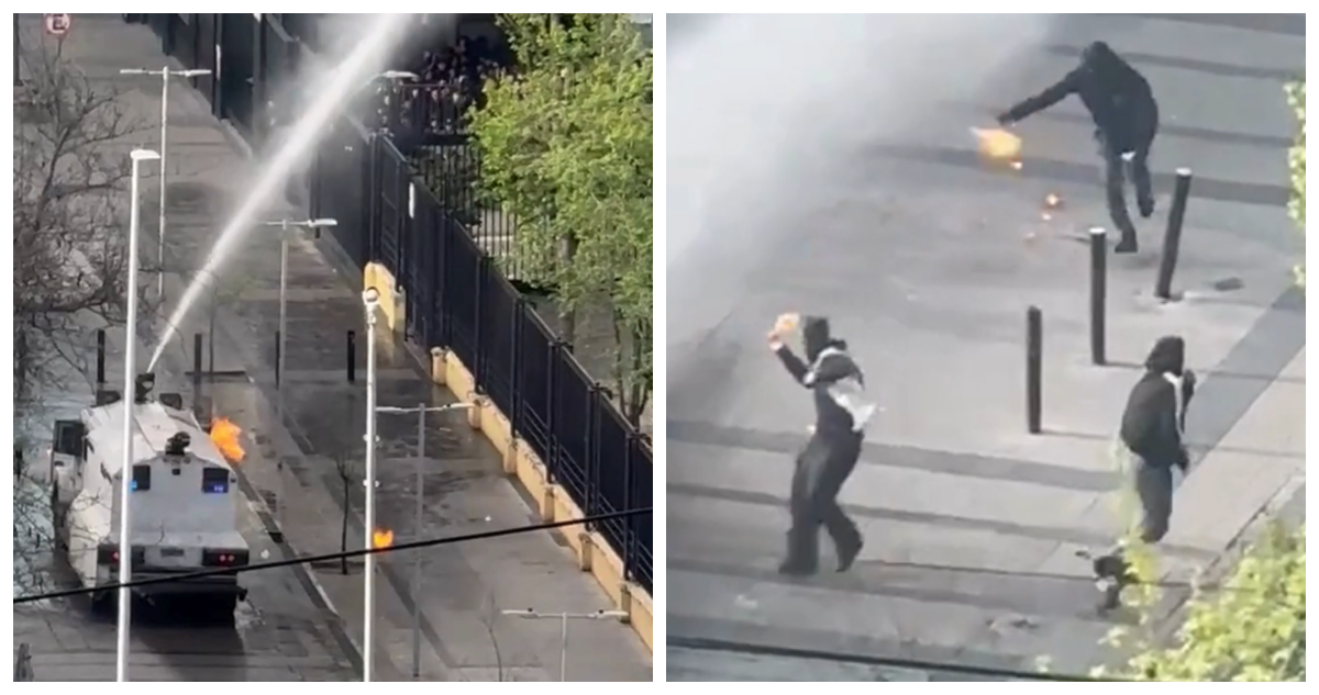 Nuevos incidentes en el Instituto Nacional: encapuchados se enfrentan a Carabineros con bombas molotov