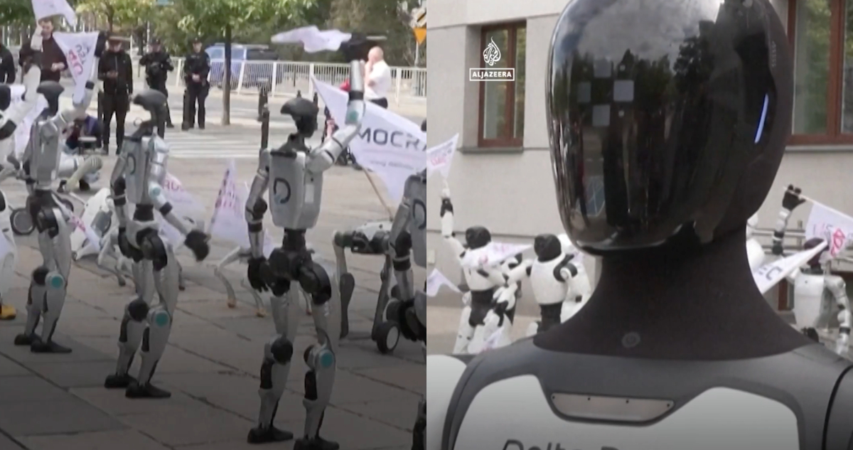Foto de los robots que salieron a protestar en Polonia