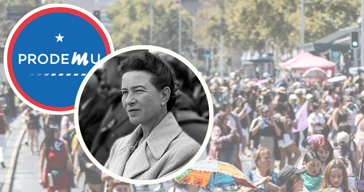Foto de contexto de marcha feminista, Prodemu y Simone de Beauvoir.